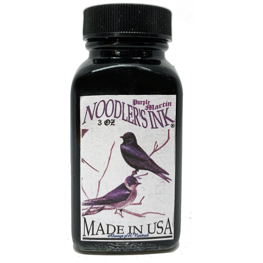 Purple Martin - 2ml bottle of Noodler's fountain-pen ink with a black cap, featuring a label with purple martins, made in the USA, pH-neutral.