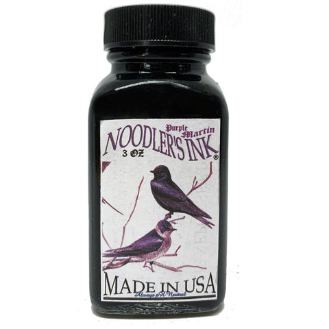 Purple Martin - 88ml fountain-pen ink by Noodler's Ink in a glass bottle with a black screw-top and a label featuring purple martins and product details.