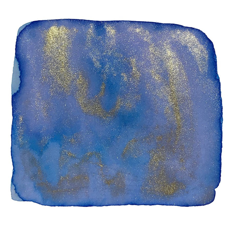 Qing Ping Le - 18ml ink swatch features deep blue tones with gold shimmer, reflecting its Song Dynasty poetic inspiration, displayed in a pooling watercolor style.