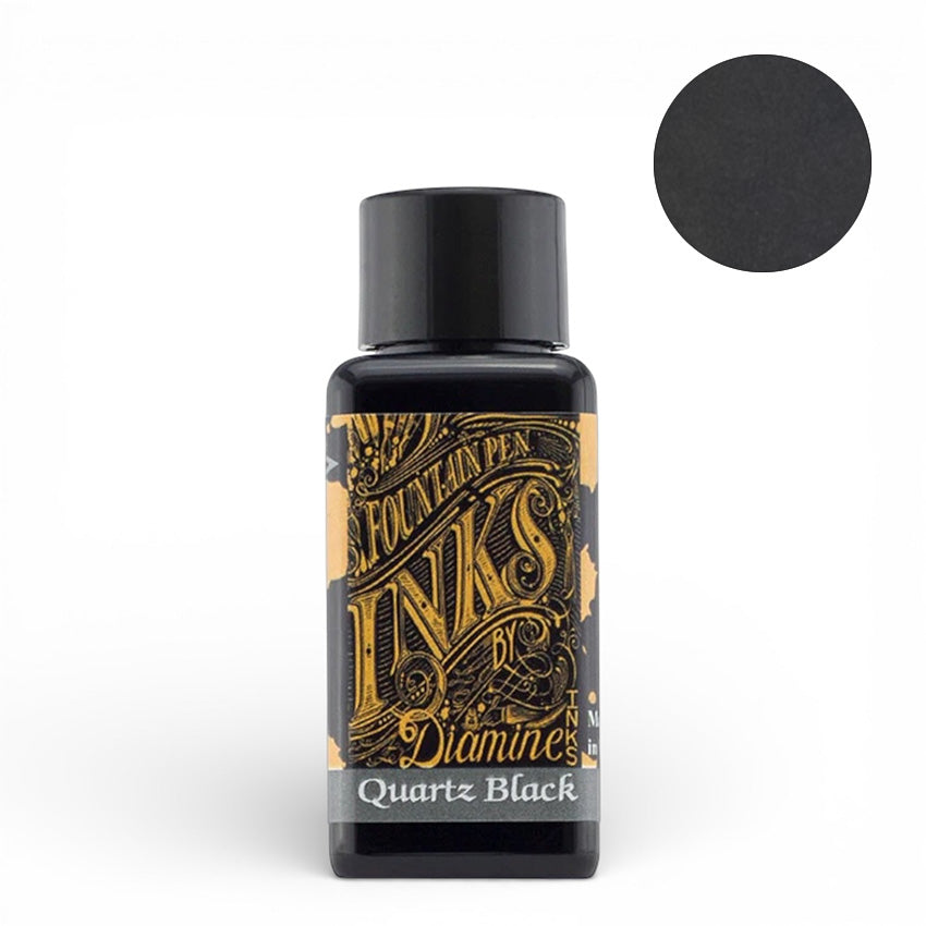Diamine Quartz Black - 30ml fountain pen ink bottle with deep black swatch, renowned for smooth flow and vintage pen safety, perfect for writing enthusiasts.
