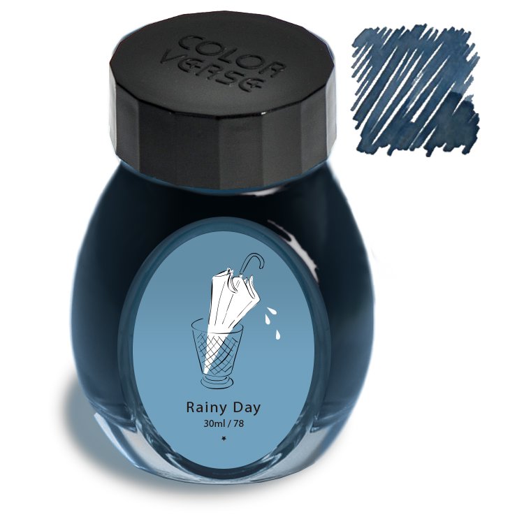 Colorverse Rainy Day - 30ml fountain pen ink bottle with a label showing a dripping umbrella in a trash basket, dusky blue-gray swatch visible.