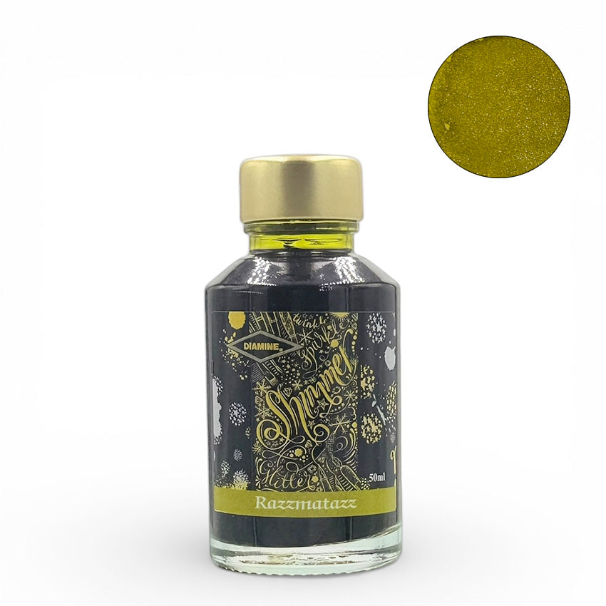 Diamine Razzmatazz Shimmer - 50ml glass bottle of fountain pen ink with metallic particles, ideal for enthusiasts and collectors.