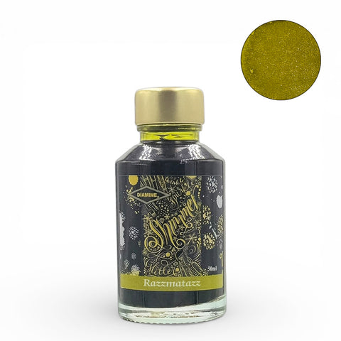 Diamine Razzmatazz Shimmer - 50ml glass bottle of fountain pen ink with metallic particles, ideal for enthusiasts and collectors.