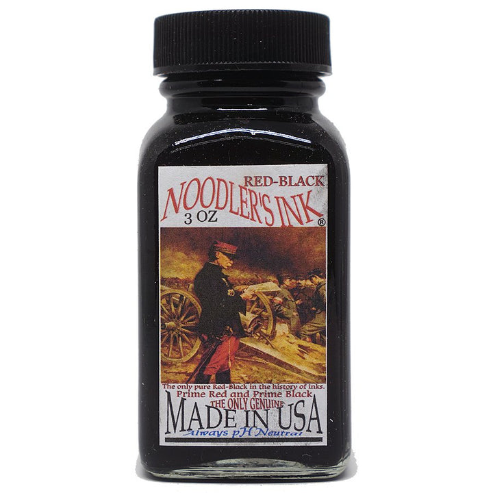 Noodler’s Ink Red Black - 2ml, in a 3-ounce glass bottle, featuring a label with brand details and an illustration, pH-neutral and made in the USA.