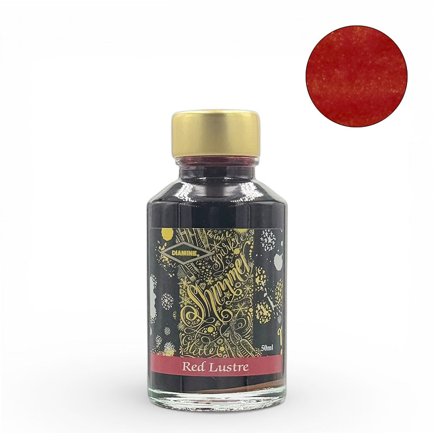 Diamine Red Lustre Shimmer fountain pen ink, 50ml glass bottle, showcases deep red ink with metallic shimmer particles, perfect for writing enthusiasts.