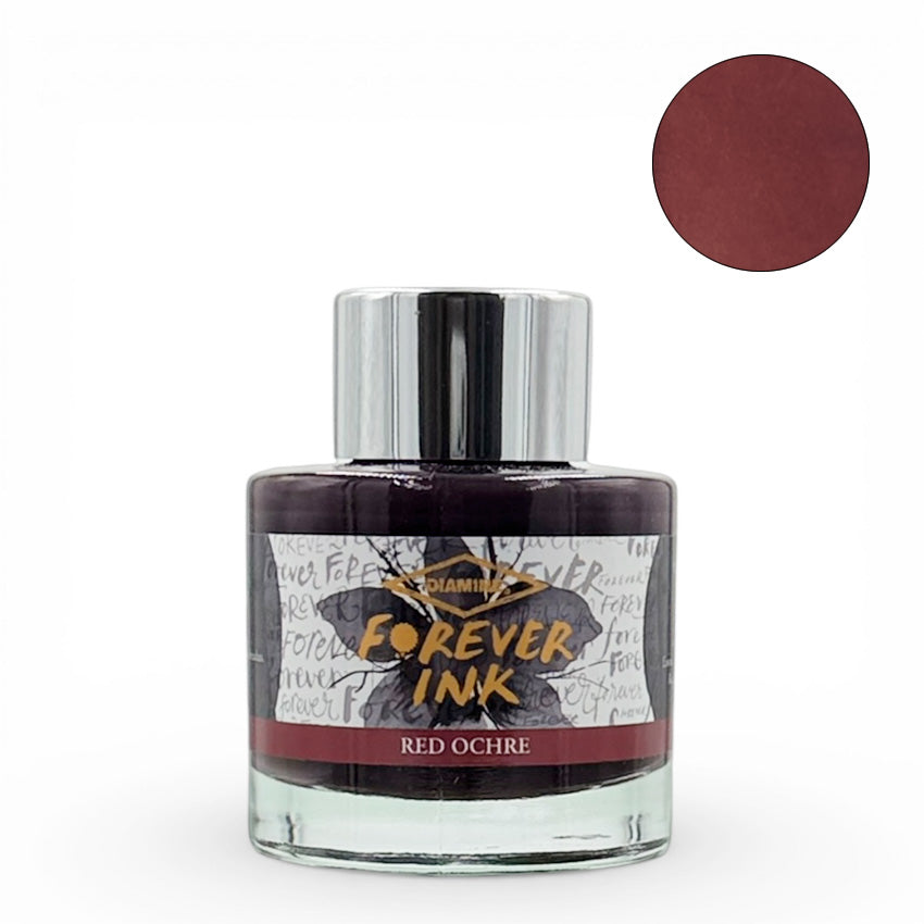Diamine Red Ochre (Forever Ink) - 50ml fountain pen ink in a round glass bottle with chrome cap, showcasing a rich red-brown hue, waterproof and lightfast.
