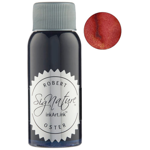 Robert Oster Signature Ink - Red Gold (Shake 'N' Shimmy), 50ml bottle, with a color swatch showing reddish-orange ink with gold shimmer, emphasizing Australian craftsmanship.