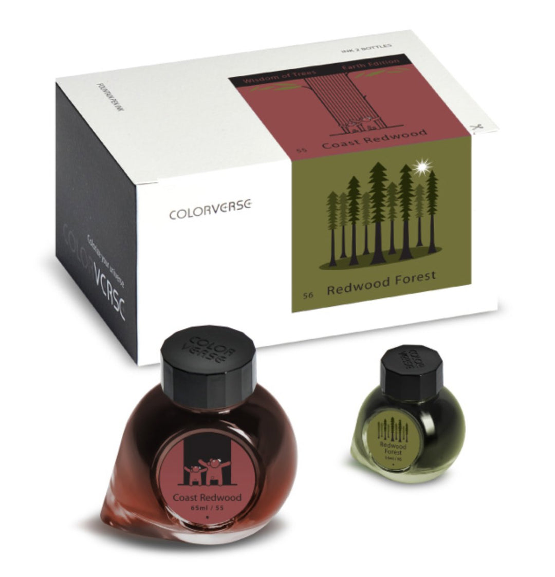 Colorverse Earth Edition gift set with 65ml Coast Redwood and 15ml Redwood Forest inks, featuring stylized redwood-tree artwork on packaging.