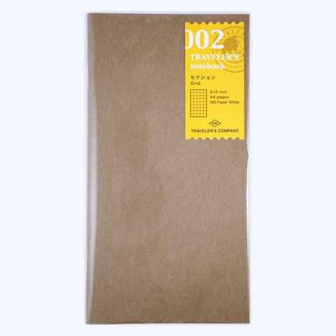 #002 Grid Refill (Regular) for Traveler's Notebook, slim kraft-paper-covered notebook with 64 pages of 5x5 mm grid MD white paper, in original plastic sleeve.