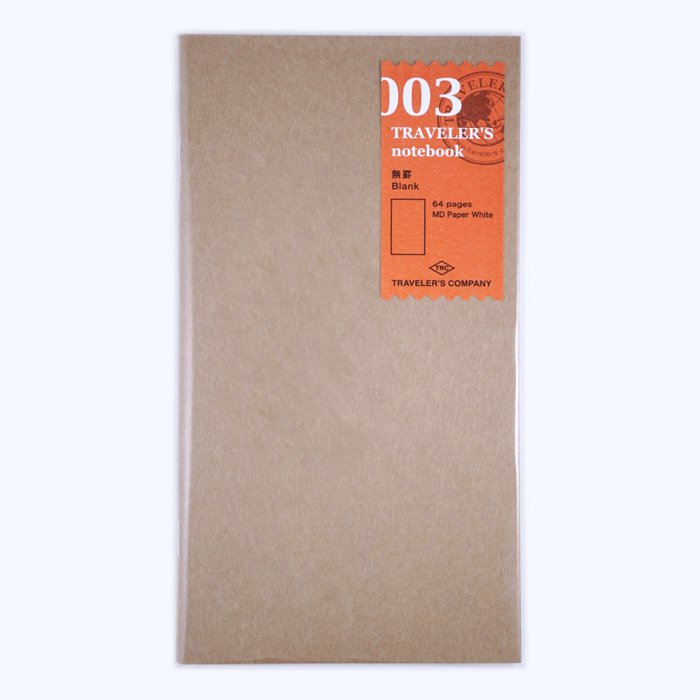 #003 Blank Refill (Regular) notebook with kraft-paper cover, orange label, 64 blank pages of fountain pen-friendly MD Paper, designed for Traveler's Notebook.