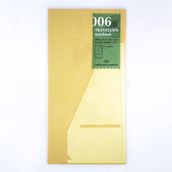 Traveler's Company #006 Pocket Sticker, a clear adhesive pocket for regular-sized Traveler's notebooks, suitable for holding papers or tickets, measuring 17 x 8.3 cm.