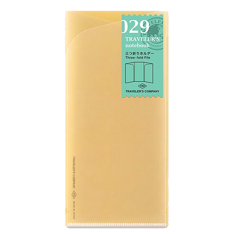 #029 Tri-fold Holder (Regular) by Traveler's Company, a translucent plastic folder with three panels, designed to fit into a Traveler’s Notebook for organizing documents.