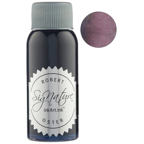 Robert Oster Signature Ink - Rose Gilt Tynte (Shake 'N' Shimmy), 50ml bottle with a circular swatch showing its shimmery metallic purple-pink shade.