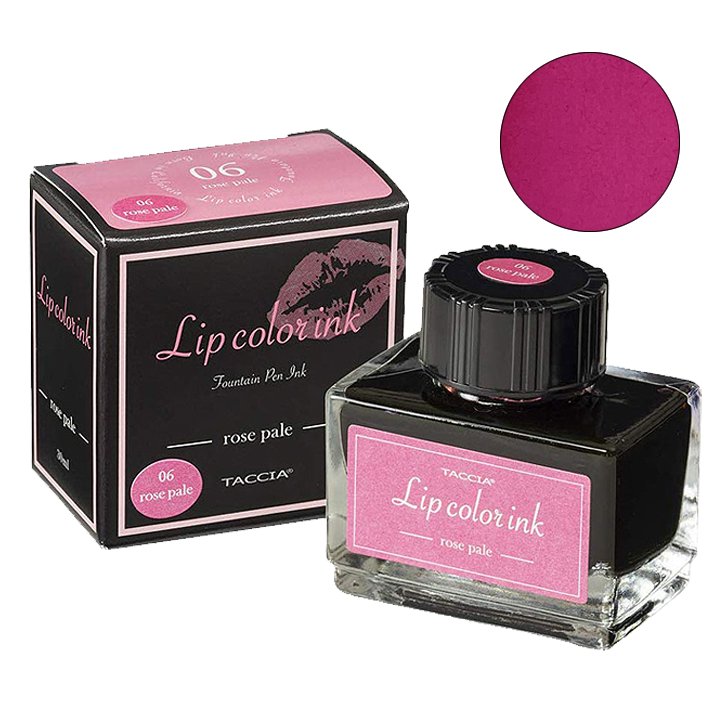 Taccia's Rose Pale (Lip Color) - 2ml fountain pen ink, displayed in a glass bottle alongside its pink-and-black box and a rosy-pink swatch.
