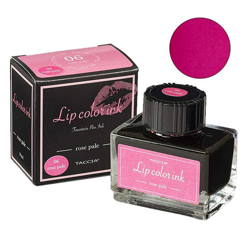 Taccia Rose Pale (Lip Color) - 30ml ink set with a square glass bottle, pink label, black cap, outer carton, and rose-pink color swatch.