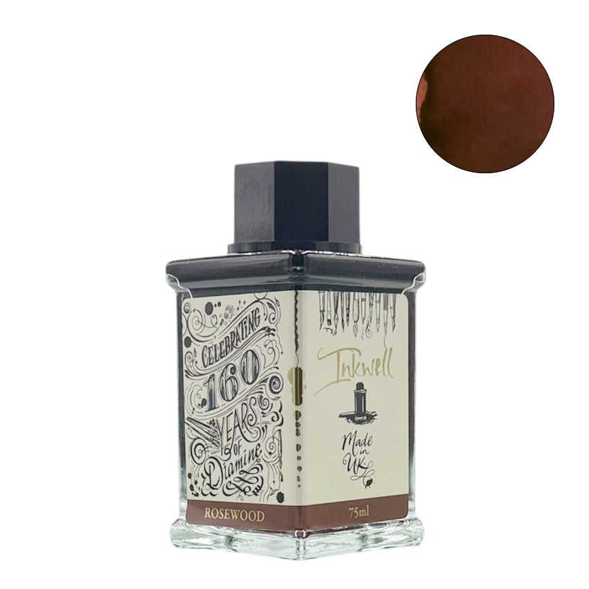 Diamine Rosewood (160th Anniversary) fountain pen ink, 75ml, in a square glass bottle with a black cap and cream label, showcasing its reddish-brown hue.