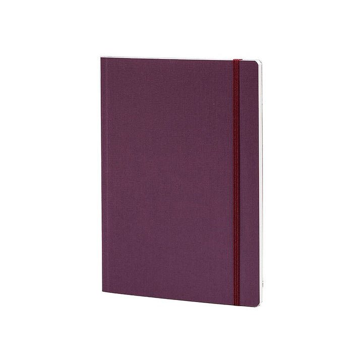 EcoQua A5 Ruled - Wine, a closed hardcover notebook with a plum cover and matching elastic band, featuring 160 pages of ruled, recycled paper.