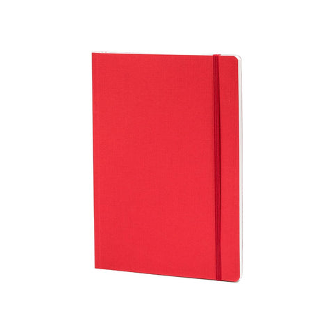 EcoQua A5 Ruled - Red notebook with a closed red hardcover, secured by a vertical elastic band on the right edge, featuring 160 pages of ruled paper.