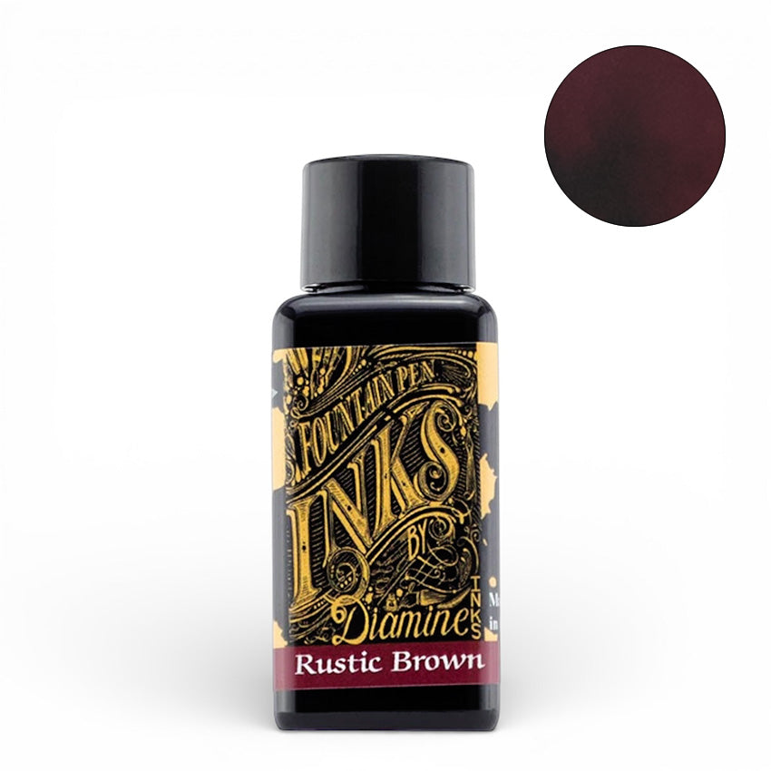 Diamine Rustic Brown - 30ml fountain pen ink bottle with a deep brown swatch, showcasing rich color and smooth flow, ideal for writing enthusiasts.