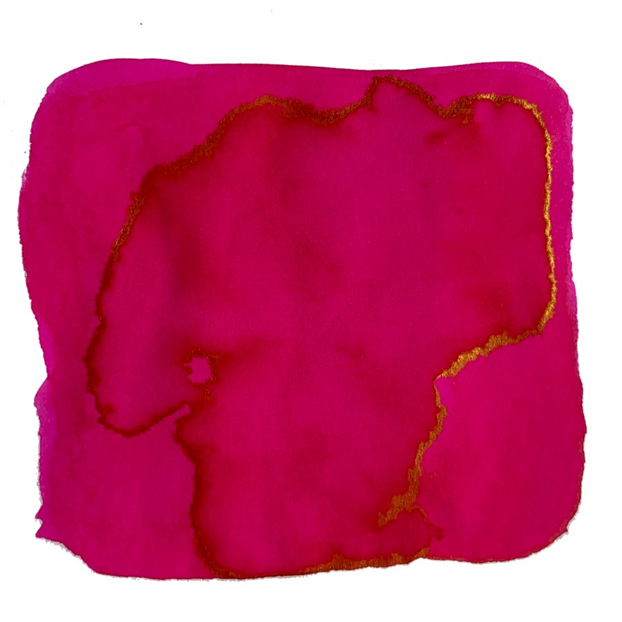 Ink Studio #431 - 20ml: Abstract watercolor swatch with deep magenta hue and metallic-gold edges, showcasing Sailor's vibrant dye-based ink.