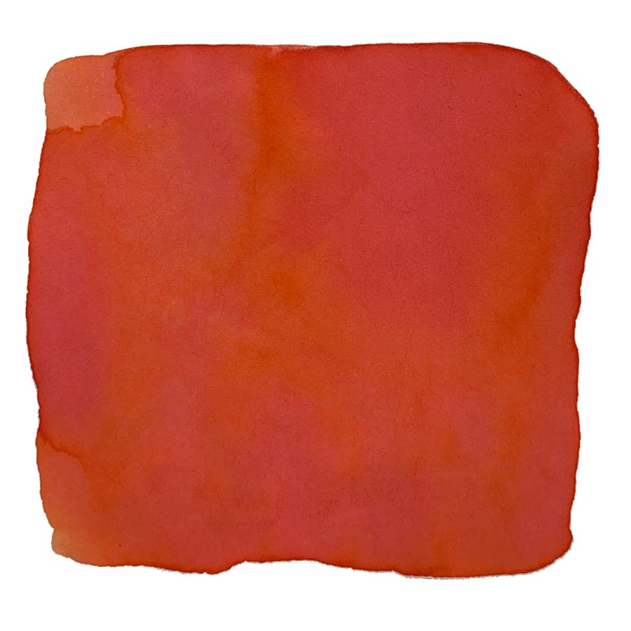 Red-orange watercolor swatch on white, showcasing Sailor's Ink Studio #473. Hand-painted edges highlight the 2ml dye-based ink's vibrant hue.