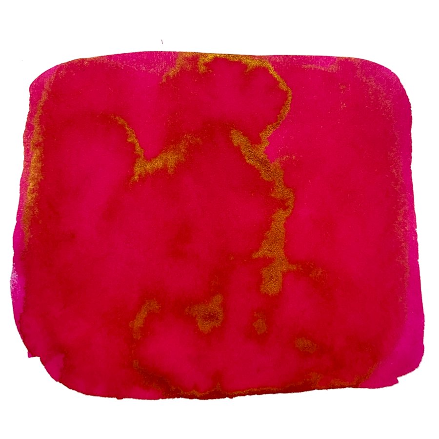 Ink Studio #731 - 2ml, a Sailor ink, displays a deep pink-red watercolor wash with golden shimmer, creating a striking two-tone effect.