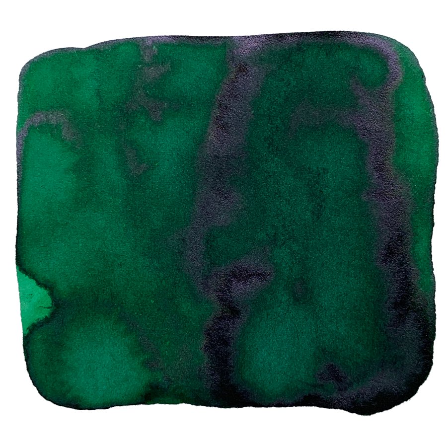Ink Studio #760 - 20ml: An abstract swatch of deep green watercolor ink, showcasing rich, irregular tones, typical of Sailor's curated dye-based collection.
