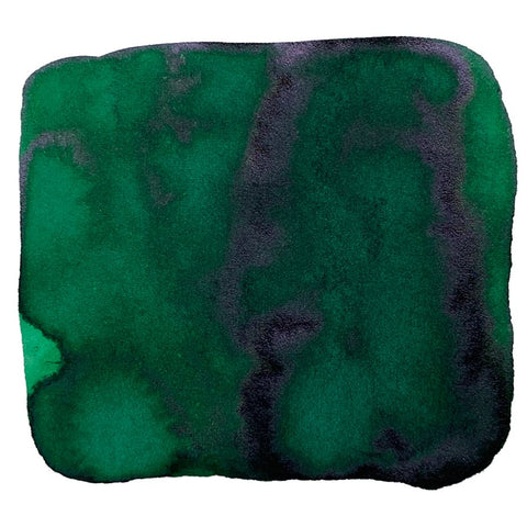 Abstract swatch of deep green ink, Sailor's Ink Studio #760, showing irregular, dark and soft patches, representing their curated dye-based collection in a 2ml sample.