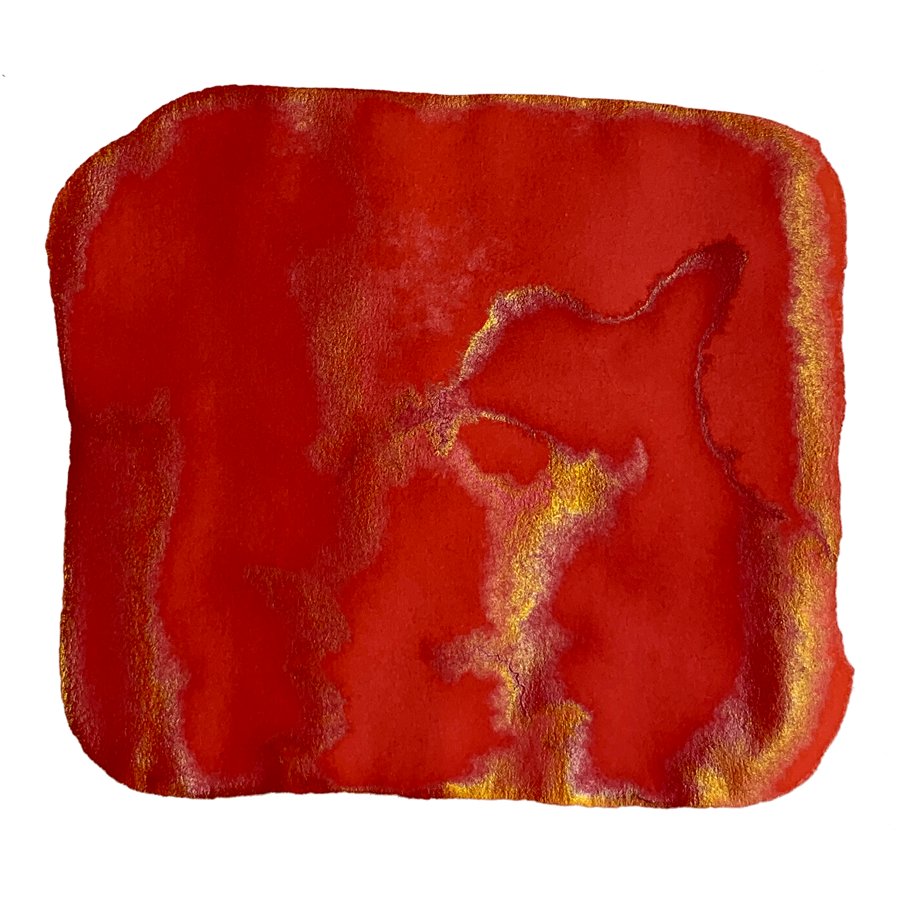 Swatch of Sailor Ink Studio #773, a deep red ink with metallic-gold sheen, showcased on white paper, highlighting its vibrant and shimmering qualities.