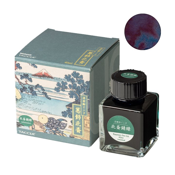 Hokusai-Sabimidori - 2ml Taccia ink sample with a decorative box, featuring a dark teal ink with purple sheen, inspired by Japanese art.