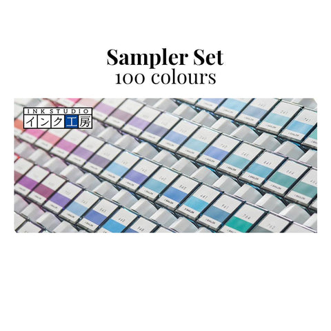 Ink Studio Sampler Set - 100 colours displayed in neat rows, each swatch labeled, showcasing Sailor's curated ink shades from the Ink Studio line.