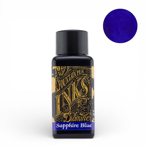 Diamine Sapphire Blue - 30ml fountain pen ink bottle with ornate gold label, showcasing a vibrant sapphire-blue shade, ideal for writing enthusiasts and collectors.