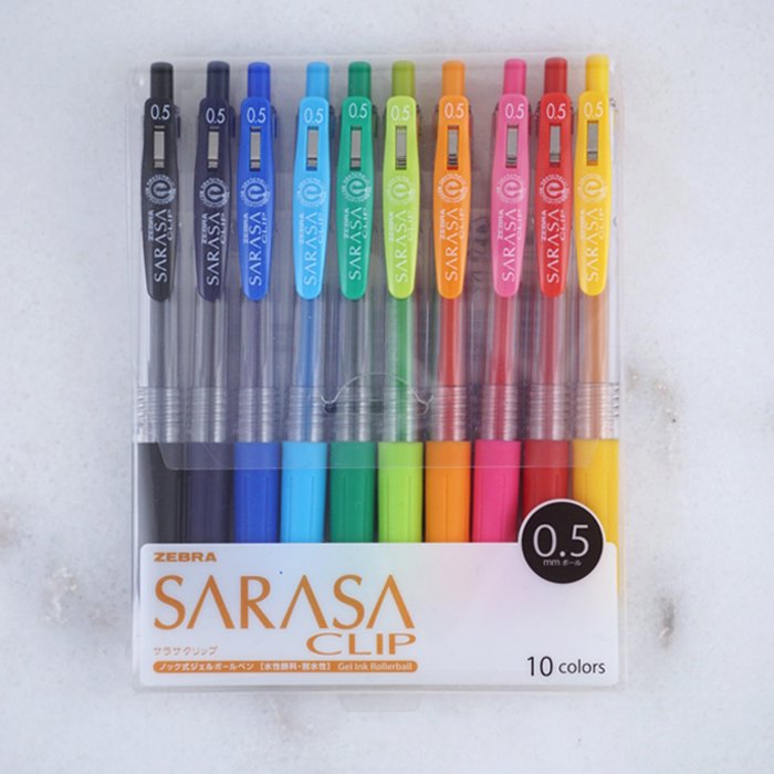 Sarasa Clip Gel Pens (10-colours) pack with retractable nibs, matching clips, and rubber grips, ideal for smooth writing on thin paper.