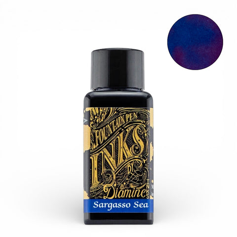Diamine Sargasso Sea - 30ml fountain pen ink bottle with a deep blue swatch, known for smooth flow and vintage pen safety.