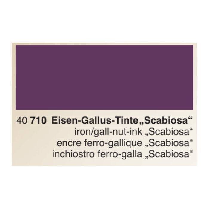 Scabiosa (Iron Gall) - 50ml ink sample; deep purple swatch with multilingual labels, showcasing Rohrer & Klingner's handcrafted, high-quality fountain pen ink from Germany.