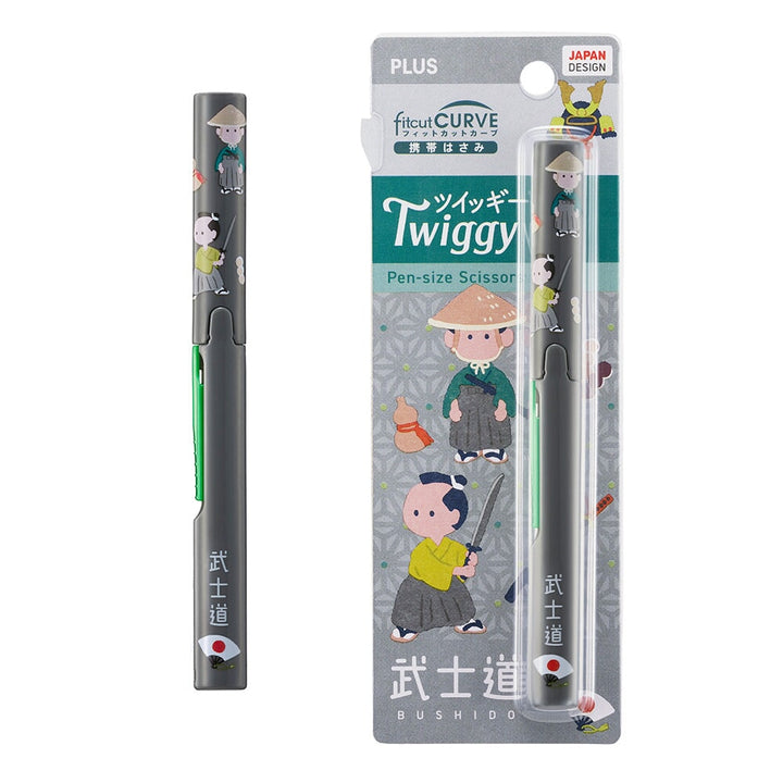 Twiggy Pen-Sized Scissors - Bushido by PLUS, featuring samurai-themed design in pen-style packaging. Compact, high-carbon stainless steel blades, ideal for travel use.