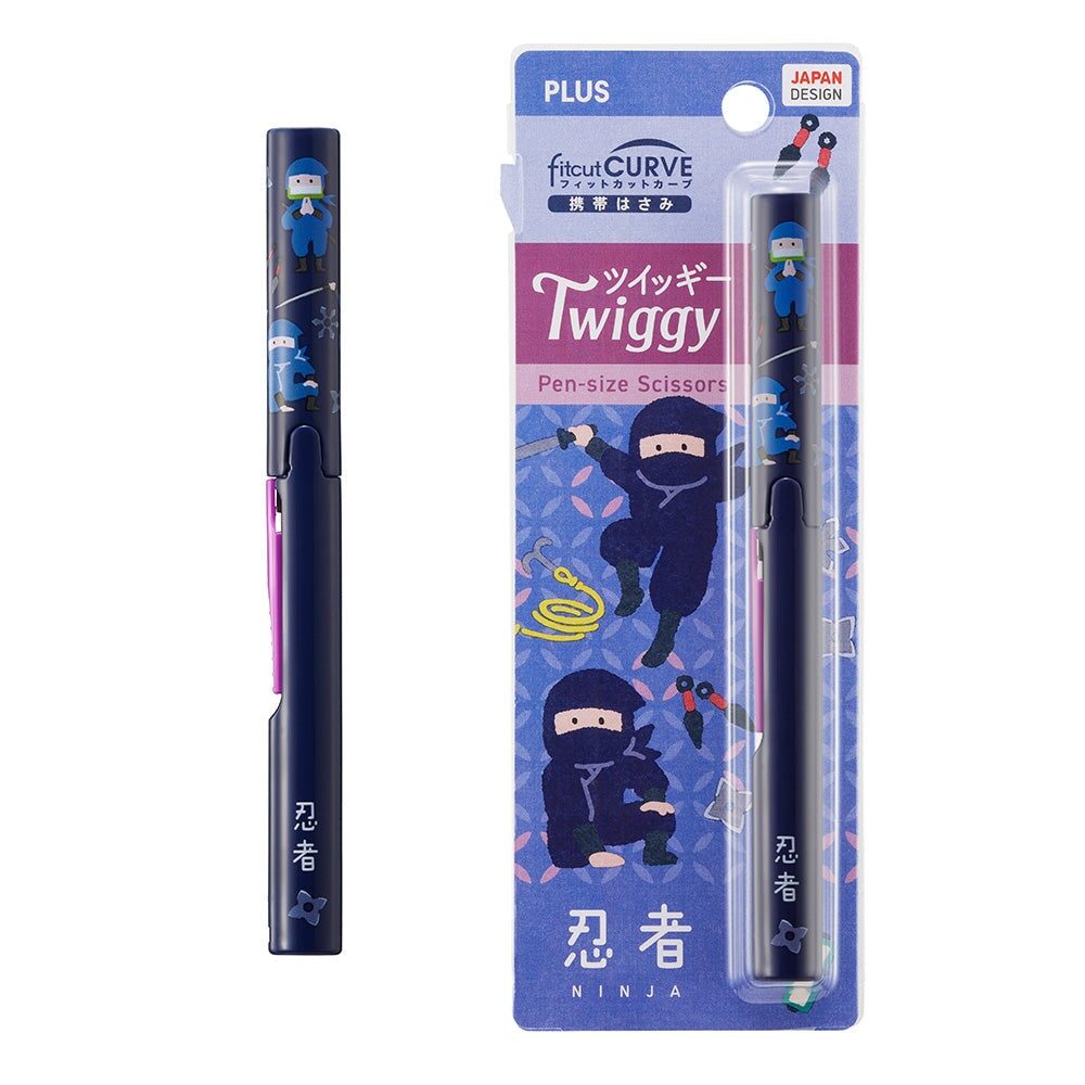 Twiggy Pen-Sized Scissors - Ninja by PLUS, featuring a compact, pen-like design with ninja motifs, perfect for travel. Includes a 42mm high carbon stainless steel blade.