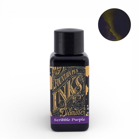 Diamine Scribble Purple - 30ml fountain pen ink bottle with a purple swatch showcasing its gold-green sheen, offering rich color and smooth flow.