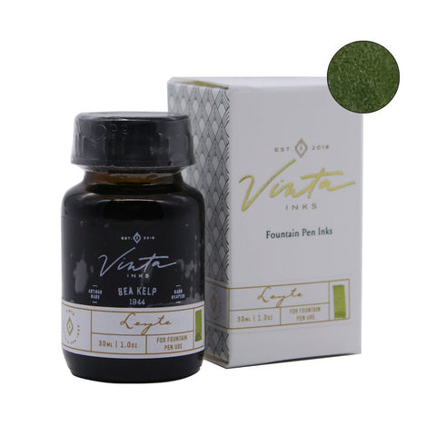 30 mL Vinta Ink bottle and box, featuring Sea Kelp (Leyte 1944), a fountain pen ink inspired by Leyte's historic kelp-rich waters.