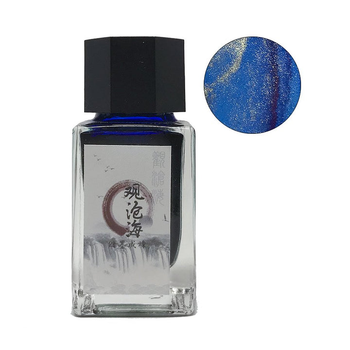 Square-glass bottle of Sea View - 18ml ink with Chinese label, featuring blue, gold-shimmer ink swatch in inset, inspired by Han Dynasty poetry.
