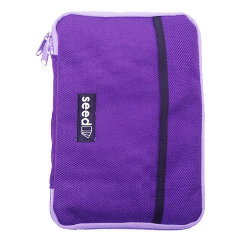 Seed A5 - Iris / Electric Blue: A purple woven zippered pouch with black trim, featuring a seed label. Ideal for organizing small items.