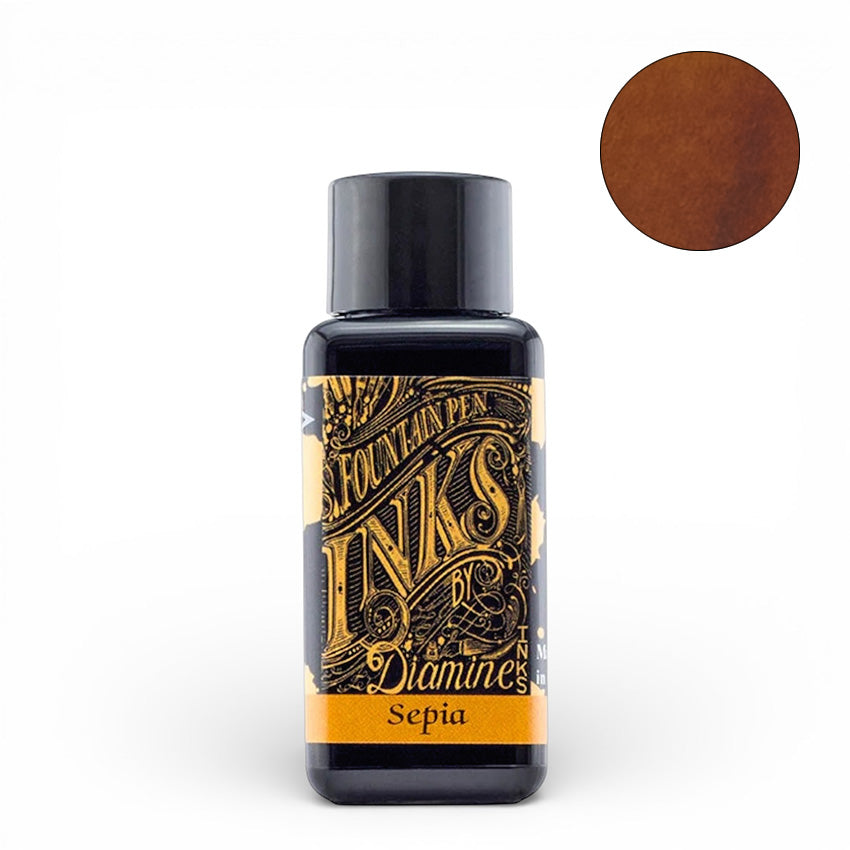 Diamine Sepia - 30ml bottle of fountain pen ink, showcasing a warm brown shade. Known for rich color and smooth flow, ideal for vintage pens.