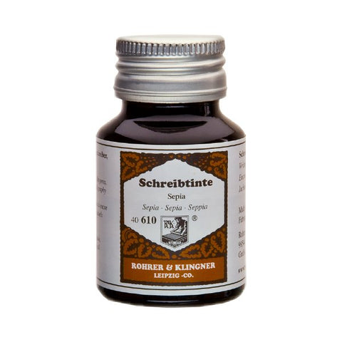 Rohrer & Klingner's Sepia - 50ml ink features a glass bottle with a silver cap, white label, and brown accents, ideal for fountain pens.