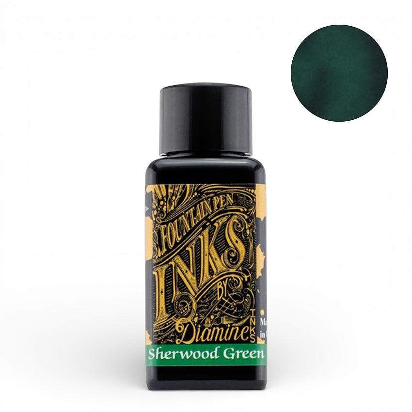 Diamine Sherwood Green 30ml fountain pen ink bottle with inset swatch, showcasing rich color and smooth flow, ideal for writing enthusiasts and collectors.