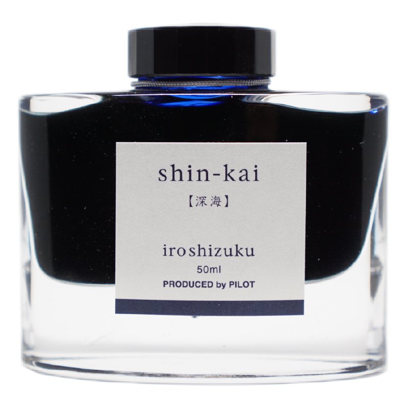 Iroshizuku Ink - Shin Kai (50ml) in a glass bottle, showcasing Pilot's sleek design and dark blue ink shade, perfect for fountain pen enthusiasts.