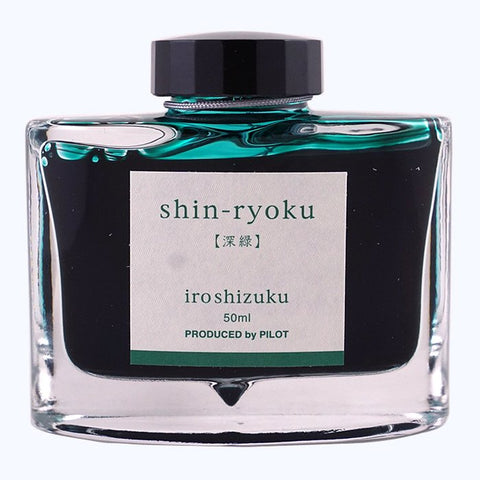 Iroshizuku Ink - Shin Ryoku (50ml) in a sleek glass bottle, showcasing Pilot's deep forest green dye-based fountain-pen ink.