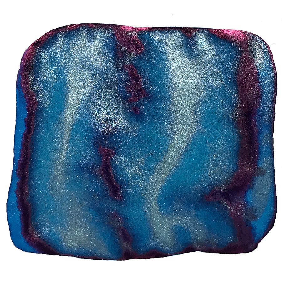 Silent Night Reflection - 18ml ink swatch showcases a bright aqua-blue with silvery shimmer and purple-pink sheen, forming a marbled effect on white paper.