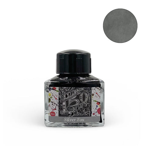 Diamine Silver Fox (150th Anniversary) fountain pen ink, 40ml triangular glass bottle, commemorating 150 years of premium ink craftsmanship.