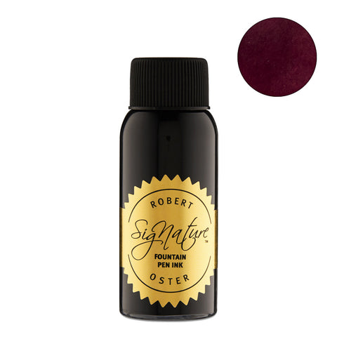 Robert Oster Signature Sinner's Blood fountain pen ink, 50ml bottle, showcasing a deep red/maroon swatch, known for sustainable, vibrant Australian-made craftsmanship.