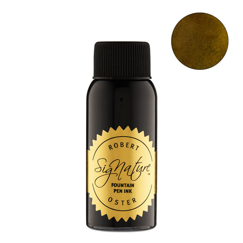 Robert Oster Sinner's Poison fountain pen ink, 50ml bottle with black cap and metallic gold label, featuring a rich, shimmery gold ink swatch.